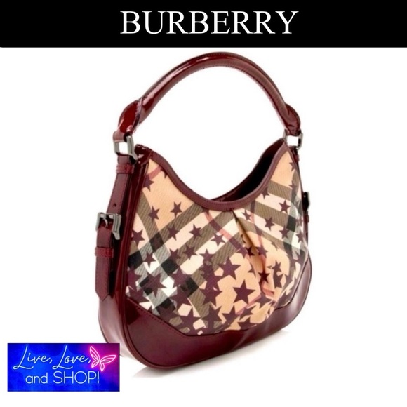 Burberry Handbags - BURBERRY Maroon & Tan Star Print Canvas & Patent Leather Handbag, EUC